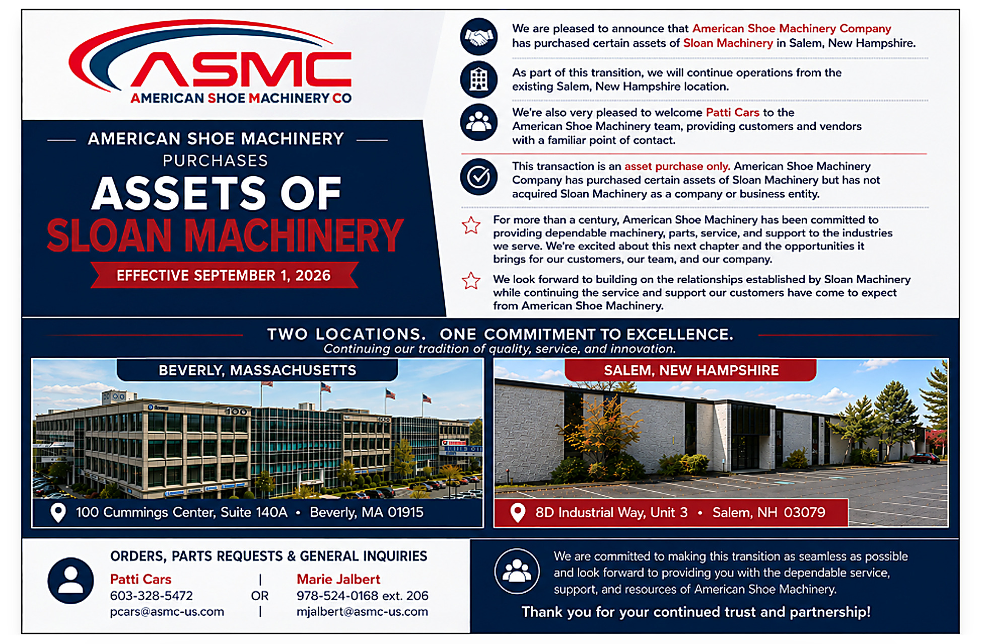 ASMC Purchases Assets of Sloan Machinery Announcement: American Shoe Machinery Company purchases assets of Sloan Machinery, effective September 1, 2026, with photos of the Beverly, Massachusetts and Salem, New Hampshire locations